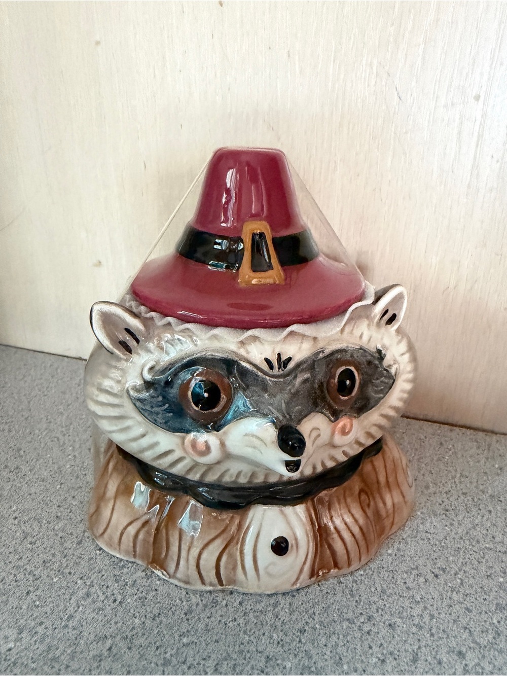 New Johanna Parker Thanksgiving Raccoon Pilgrim Hat Canister Cookie Jar 5" Fall